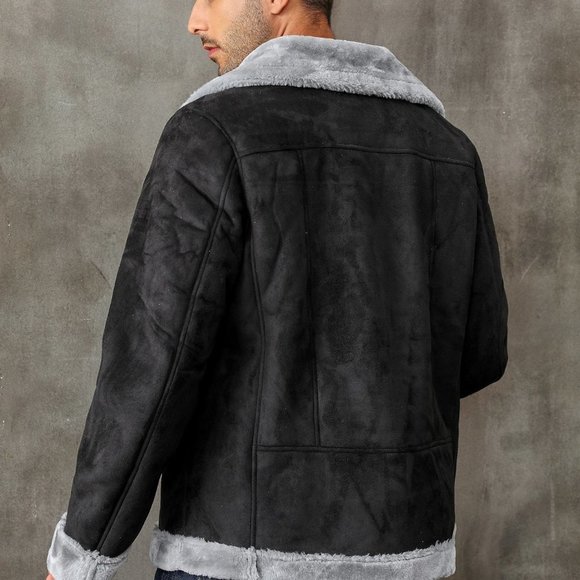 Black Casual Mens Zip Up Lapel Neck Teddy Lined Coat - Picture 2 of 5